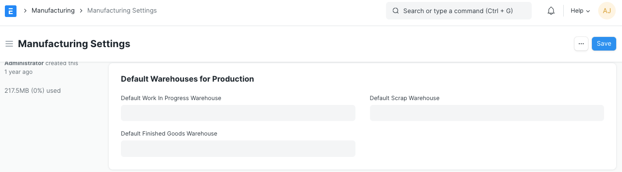 Default warehouses for production